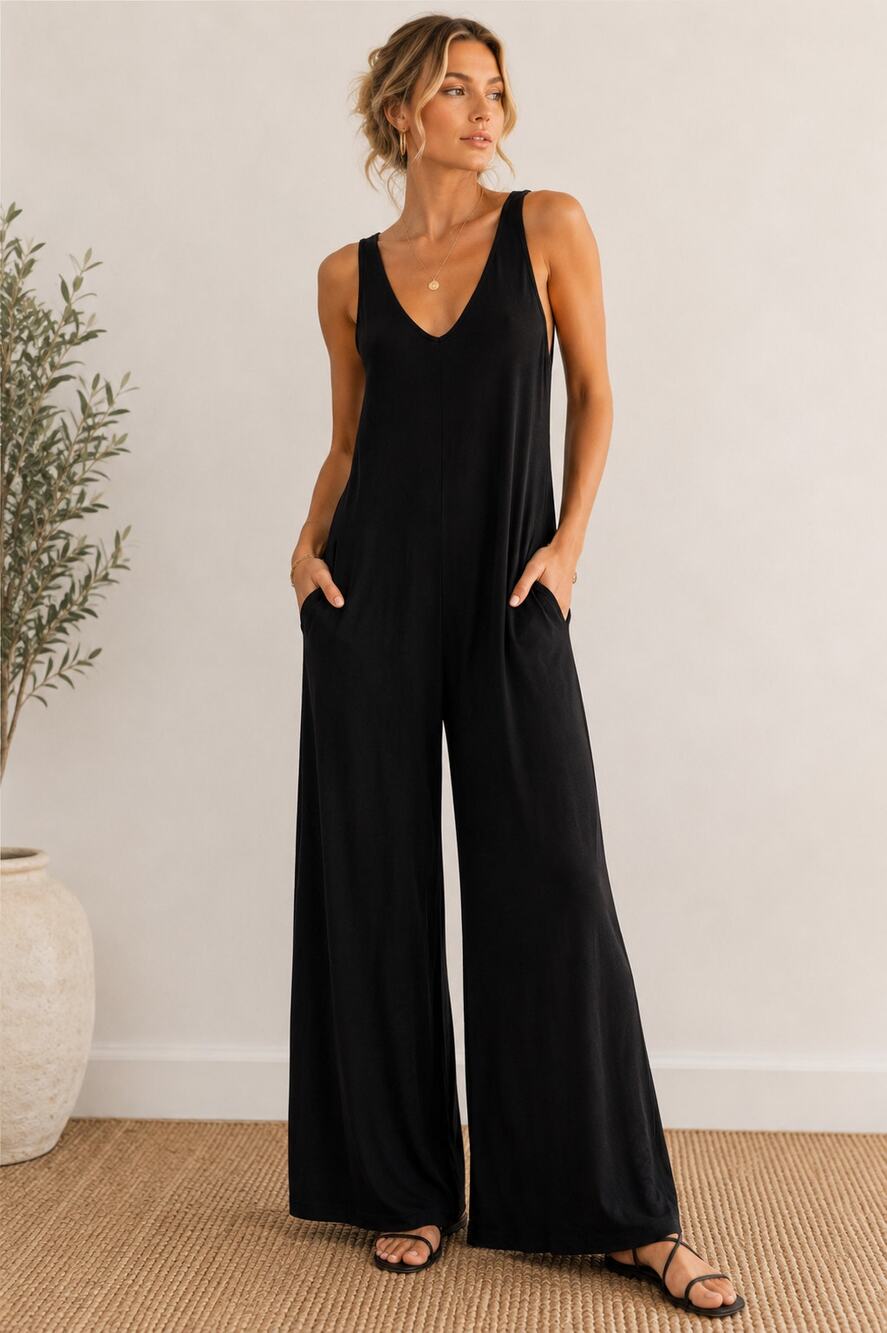 Free People Beach Black Wide Leg Jumpsuit Womens XS Casual Summer Lagenlook